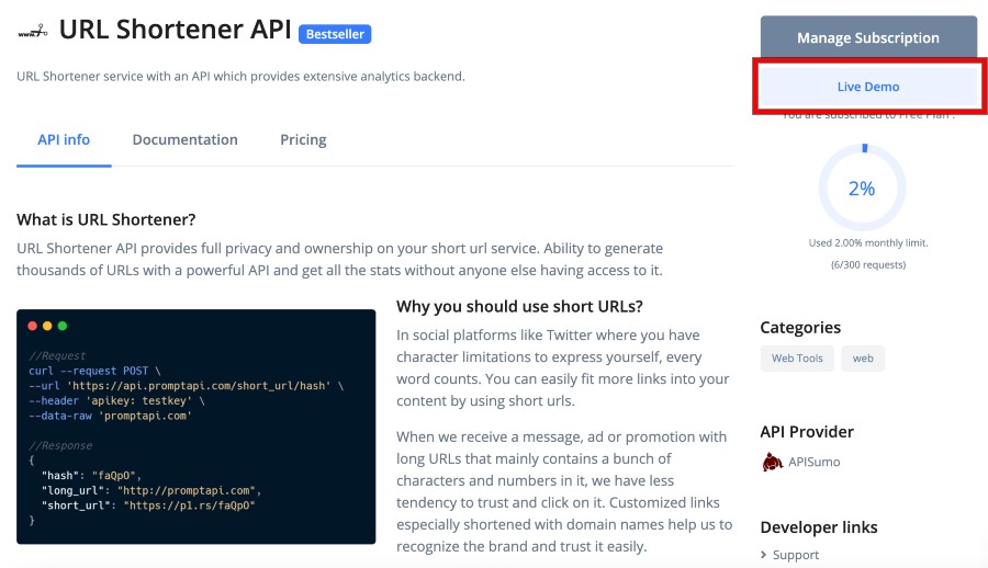 how to use prompt api url shortener api - 1